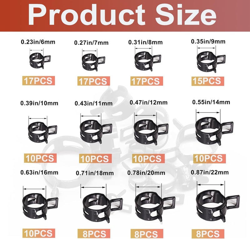 Taiss 140PCS 12 Sizes 6-22mm Black Spring Band Hose Clamp Assortment Kits.Low Pressure Air Clip Strap Clamp for Air Hose Tube Hose Fuel Silicone Vacuum Hose Clamp - Image 2